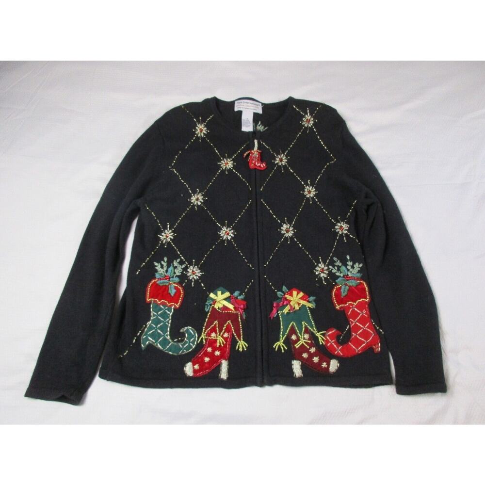 Tiara International Sweater Medium Womens Vintage Ugly Christmas Beaded Full Zip